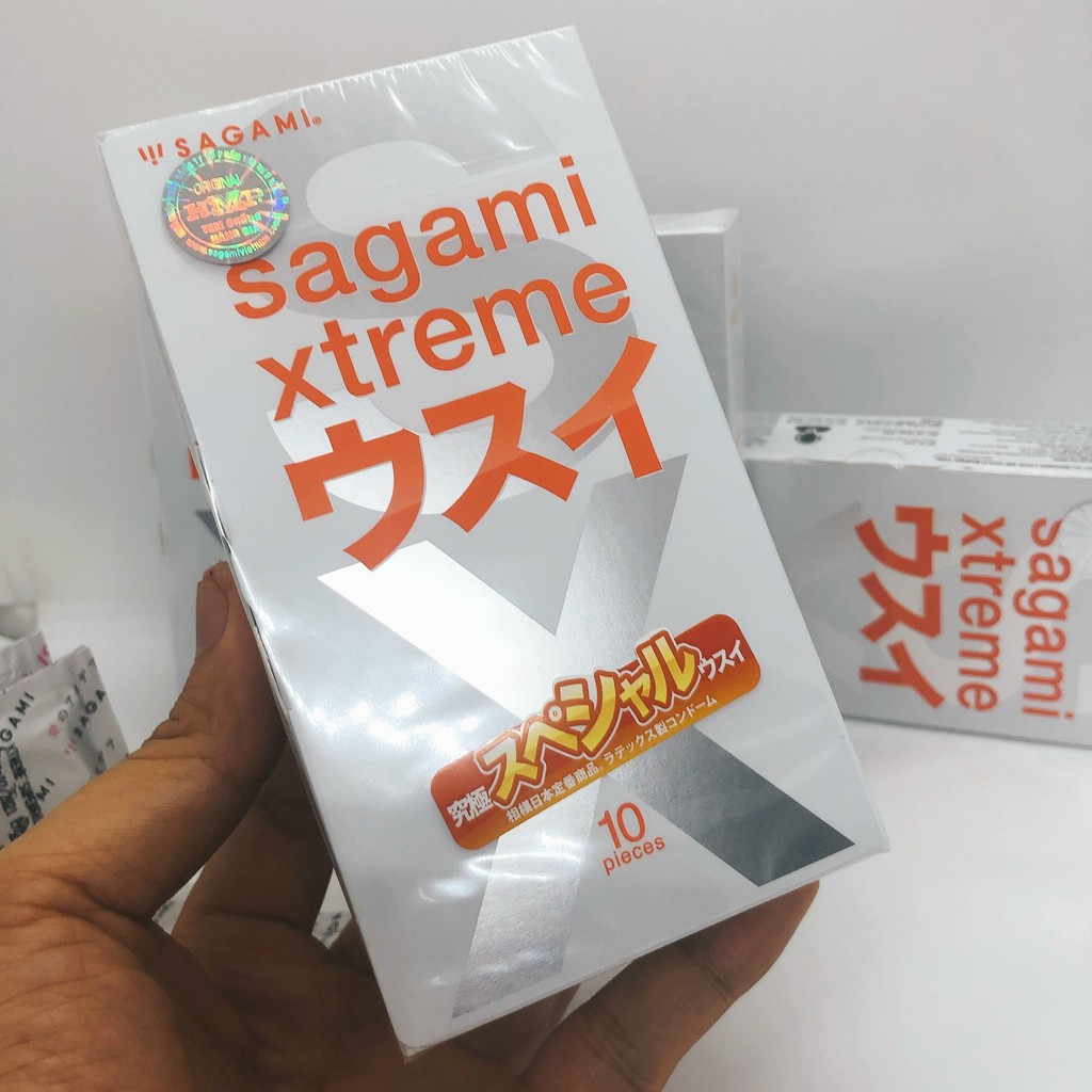 Bao cao su siêu mỏng Sagami Xtreme Super Thin chất liệu cao su thiên nhiên co dãn, siêu mỏng- bcs hộp 10