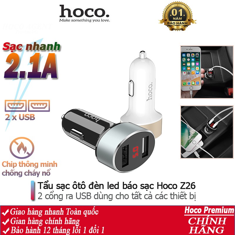 Tẩu sạc ôtô 2.1A Hoco Z26 có đèn LED hiển thị gồm 2 cổng USB - Chính hãng