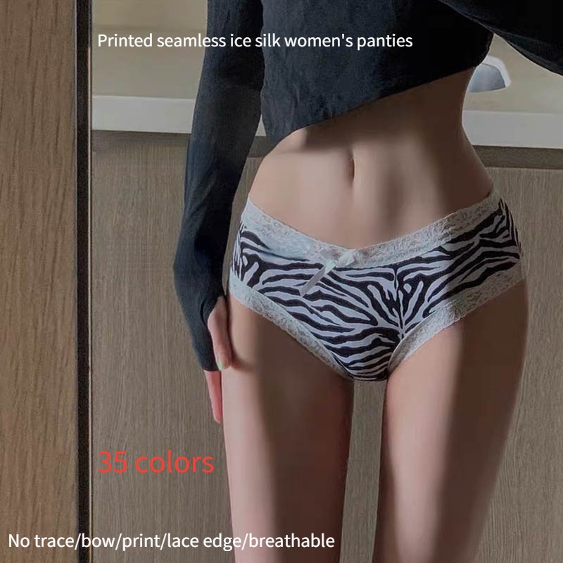 Quần Lót Lụa Lạnh Không Đường May Lưng Vừa Đính Nơ Dễ Thương Thoáng Khí Cho Nữ