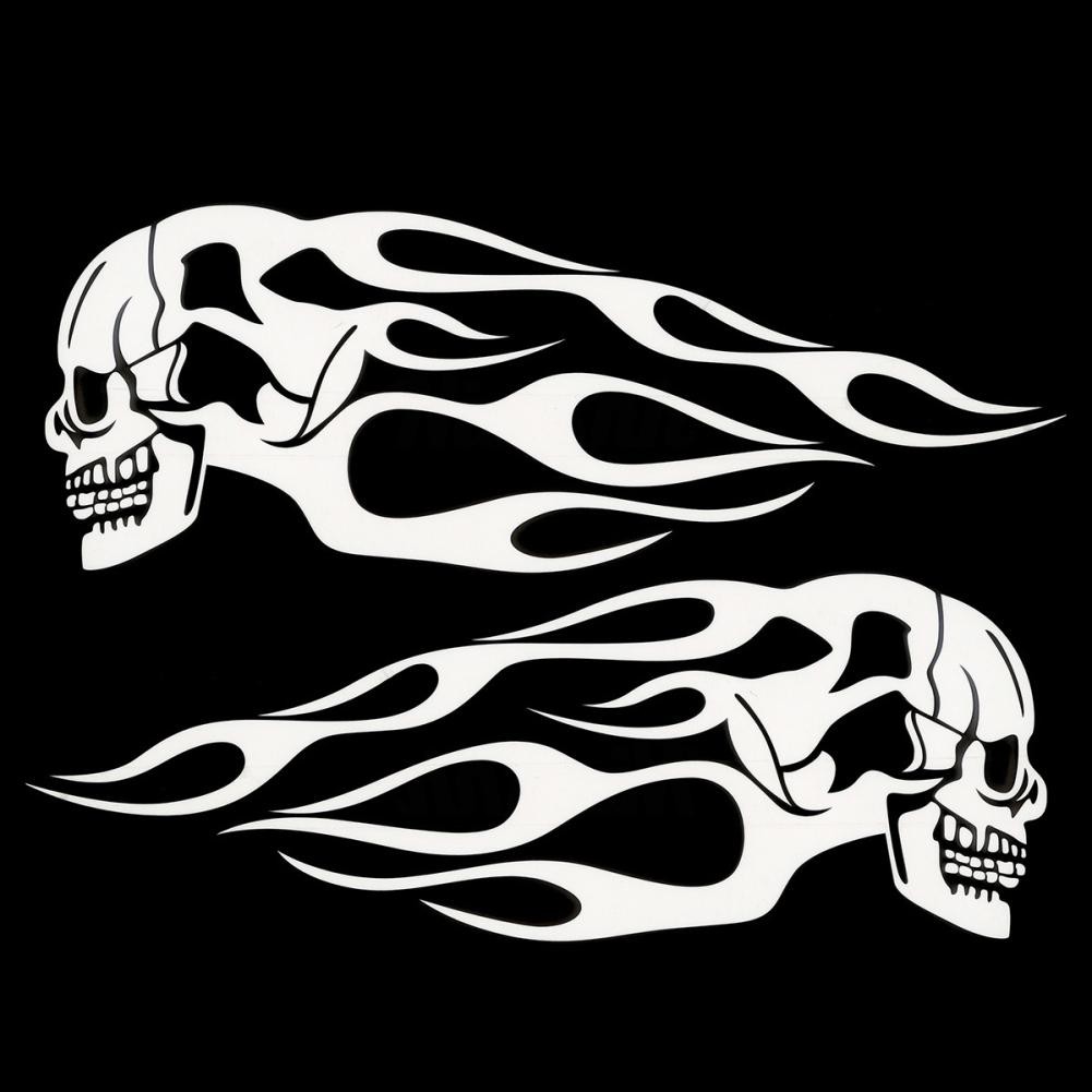 CES1_2Pcs Universal Motorcycle Motorbike Gas Tank Skull Flame Decals Sticker Decor
