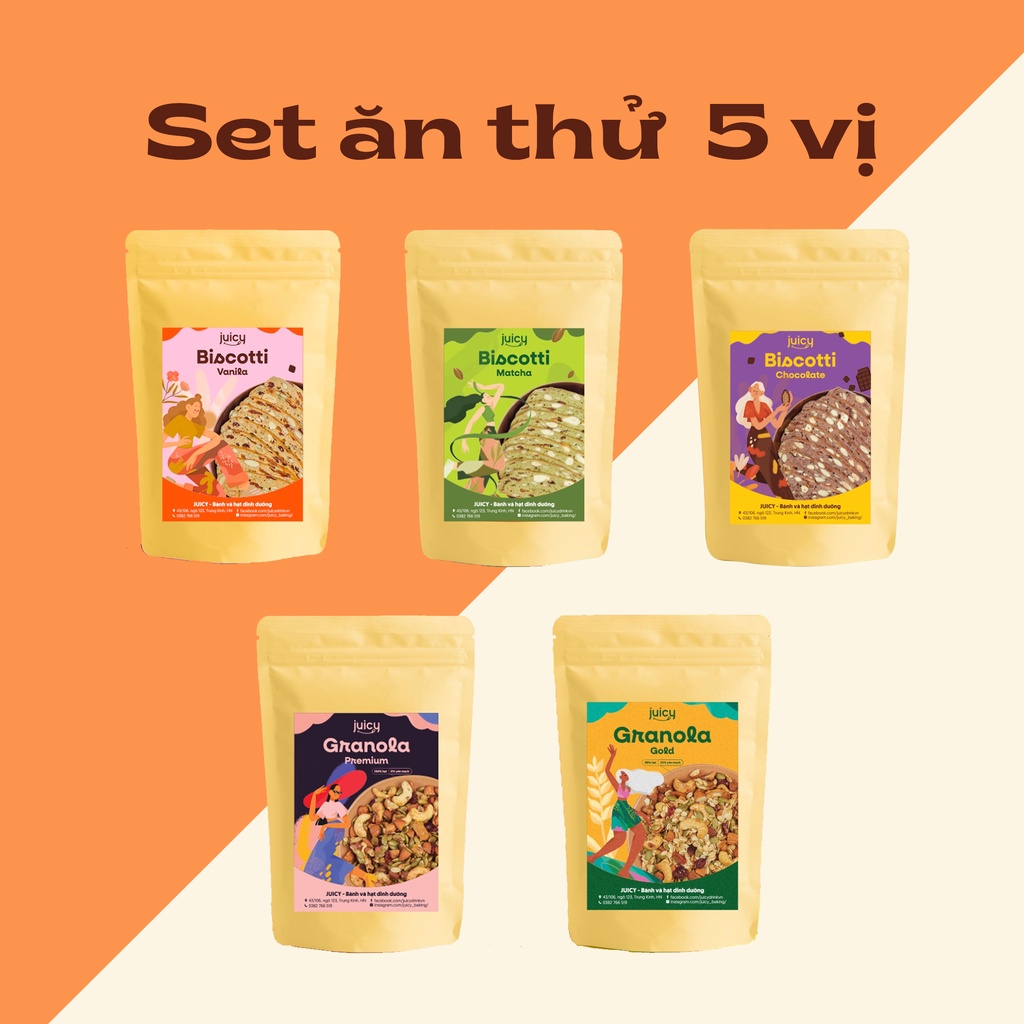 Combo Granola + bánh Biscotti giảm cân 💖FREESHIP💖set ăn thử 5 túi 50g, không đường, bánh siêu hạt