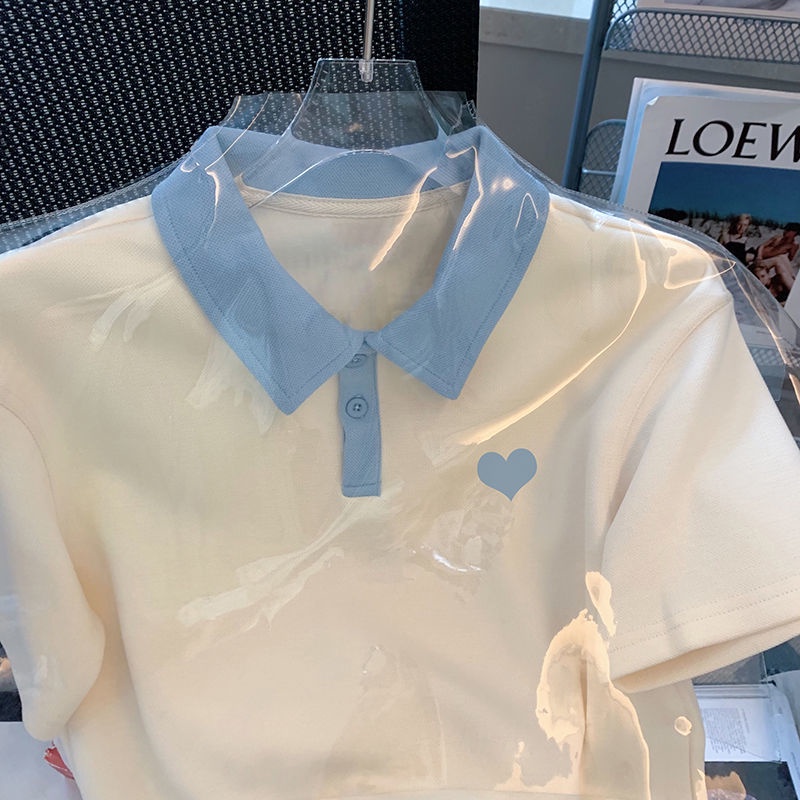Áo Crop Top Cổ Polo Màu Sắc Tương Phản Preppy