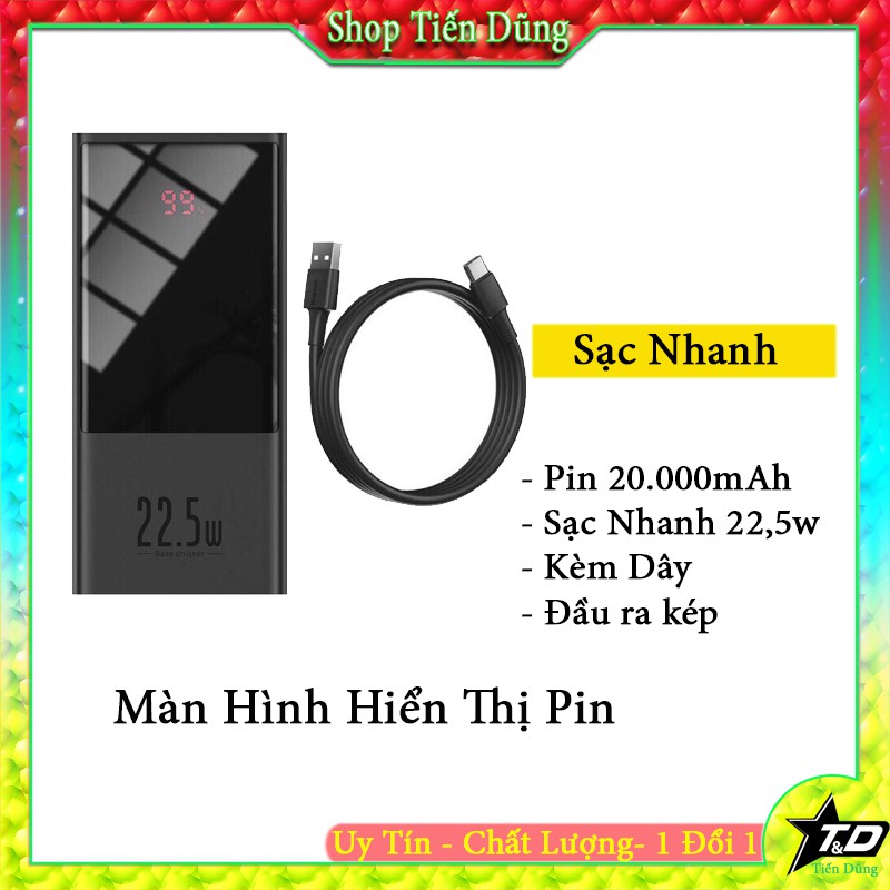 Pin sạc dự phòng 20000mAh PPMI01 baseus 22.5W có màn hình kỹ thuật số hiển thị pin sạc