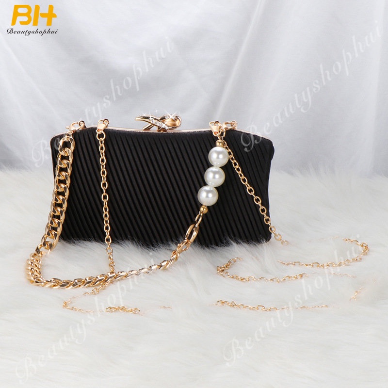 Túi Xách Dự Tiệc Xếp Ly Đính Ngọc Trai Kiểu Dáng Đơn Giản Phong Cách Retro Mới 2022