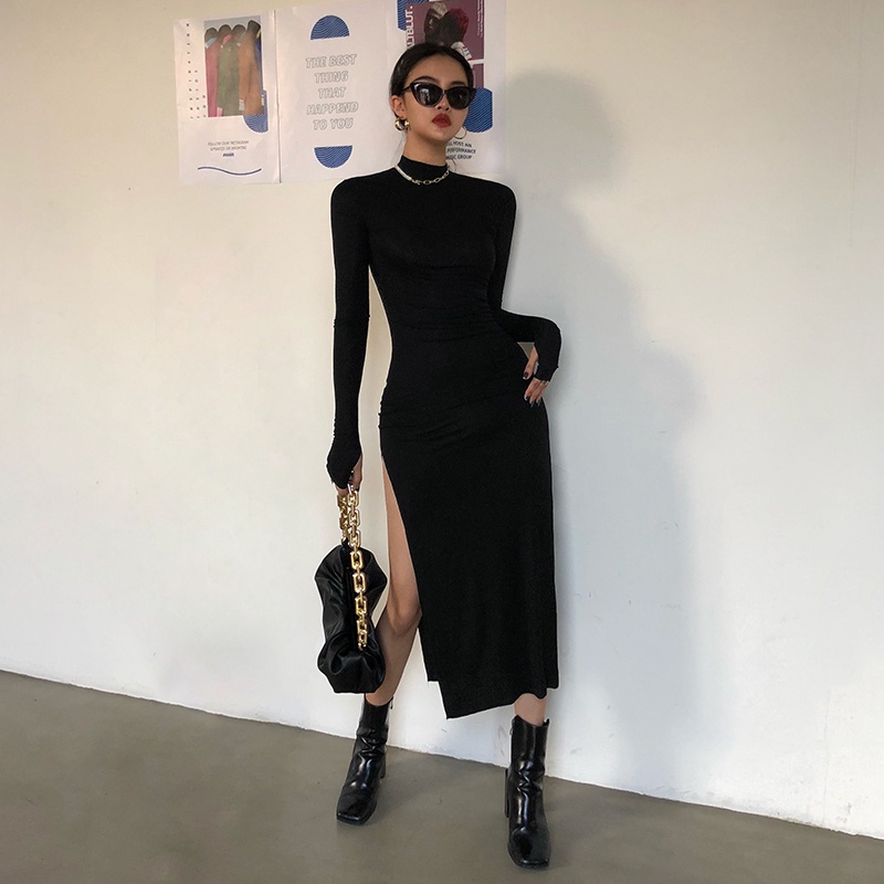 ĐẦM BODY THUN DÀI CỔ CAO XẺ TÀ TAY XỎ NGÓN SEXY - BODYCON DRESS COTI OFFICIAL