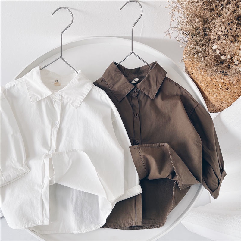 Áo Sơ Mi Cotton Tay Dài Dáng Rộng Màu Sắc Đơn Giản Phong Cách Hàn Quốc Dành Cho Bé Trai