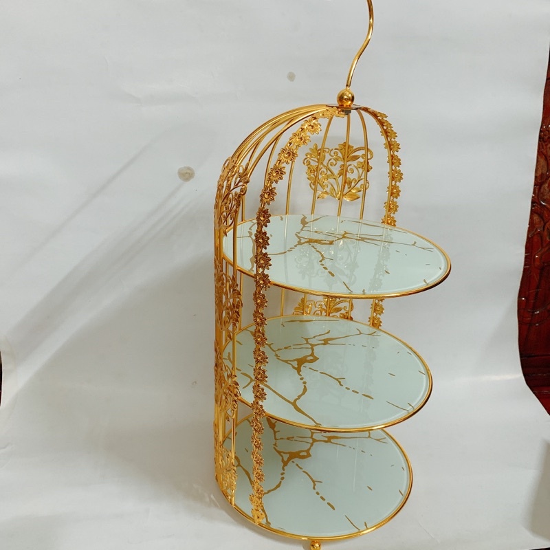 khay bánh mặt kính khung hoa lồng chim siêu sang trang trí tiệc Huydecor
