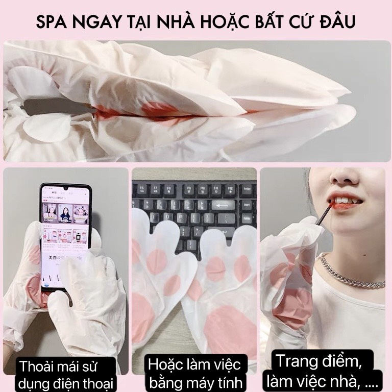 SẴN Mặt nạ ủ tay làm trắng da, dưỡng ẩm, tẩy tế bào chết, chống nếp nhăn, chống lão hóa phối bao bì chân mèo dễ thương