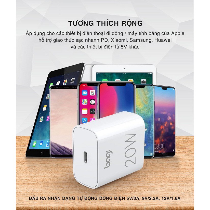 Combo sạc nhanh chính hãng BAGI cho iphone củ sạc 20W CB-PD20i dây Type c to Lightning Bảo hành 1 ĐỔI 1 trong 12 tháng