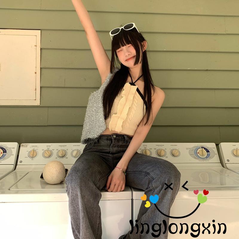 ◑XP♣Ladies Slim Midriff-baring Tank Top, Women Leisure Style Contrast Color Hanging Neck Splicing Backless