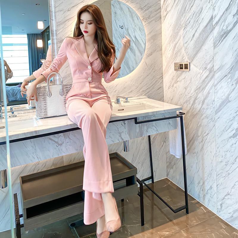 Phụ nữ áo liền quần màu hồng 2021 mới eo cao giảm béo thời trang công cụ ống loe khí chất chuyên nghiệp