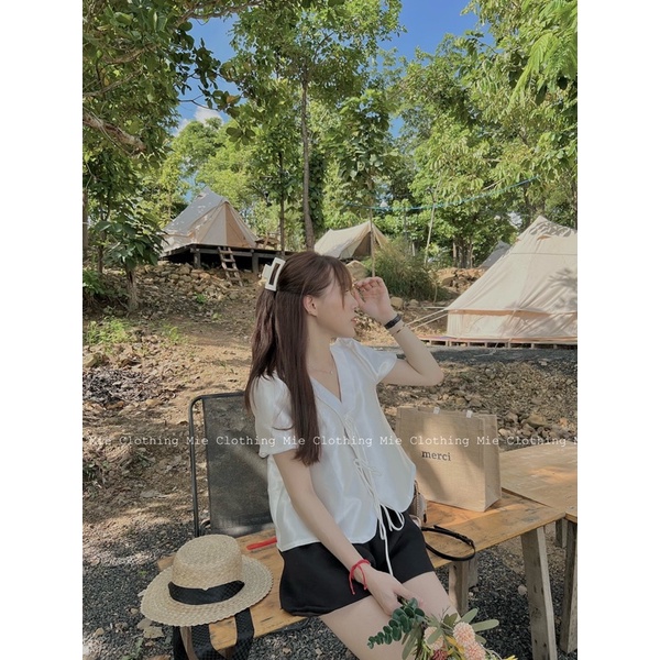 MIE MIN Mie Tops tafta thắt nơ