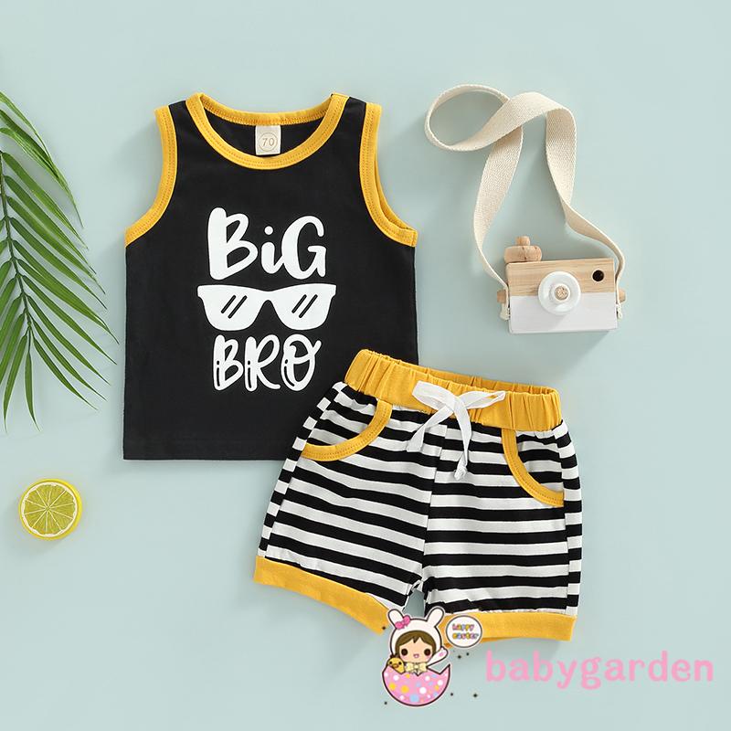 Bộ Áo Sát Nách Cổ Tròn In Chữ + Quần Short Kẻ Sọc Thời Trang Mùa Hè Cho Bé Trai 0-3 Tuổi