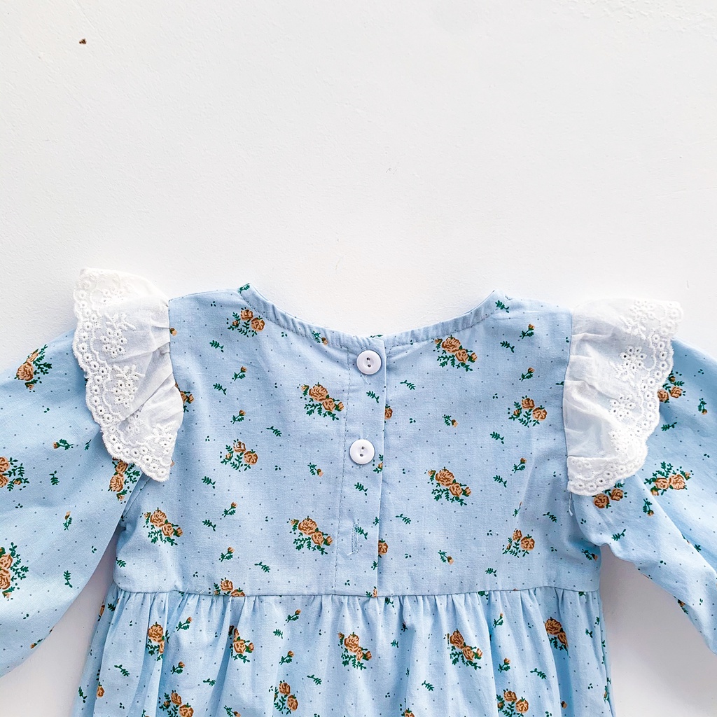 Set áo liền quần tay dài phối ren in hoa kèm mũ phong cách công chúa dễ thương cho bé gái sơ sinh