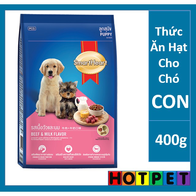 Thức Ăn Cho Chó Con Hạt Khô SmartHeart Vị Thịt Bò &amp; Sữa 400g