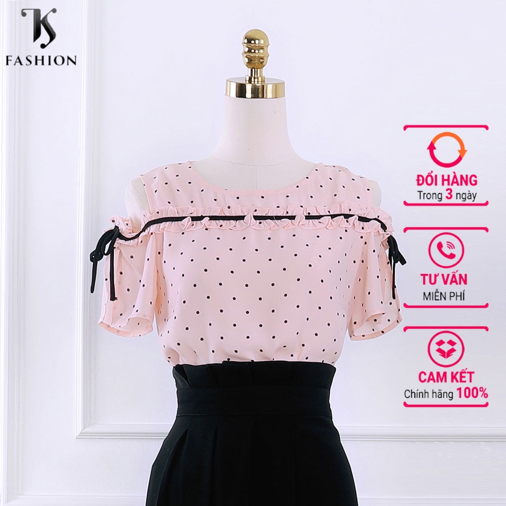 Áo sơ mi kiểu nữ cách điệu, trễ vai, cổ tròn, rút dây ngang ngực, chấm bi dễ thương, hàng thiết kế TK Fashion - SMK742