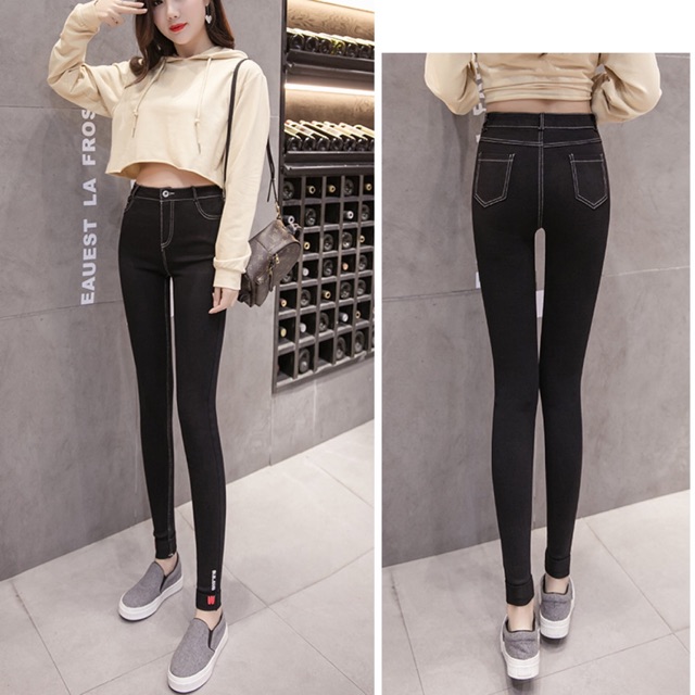 Quần skinny jean big size lưng dây kéo ống đính chữ w size 70-80kg
