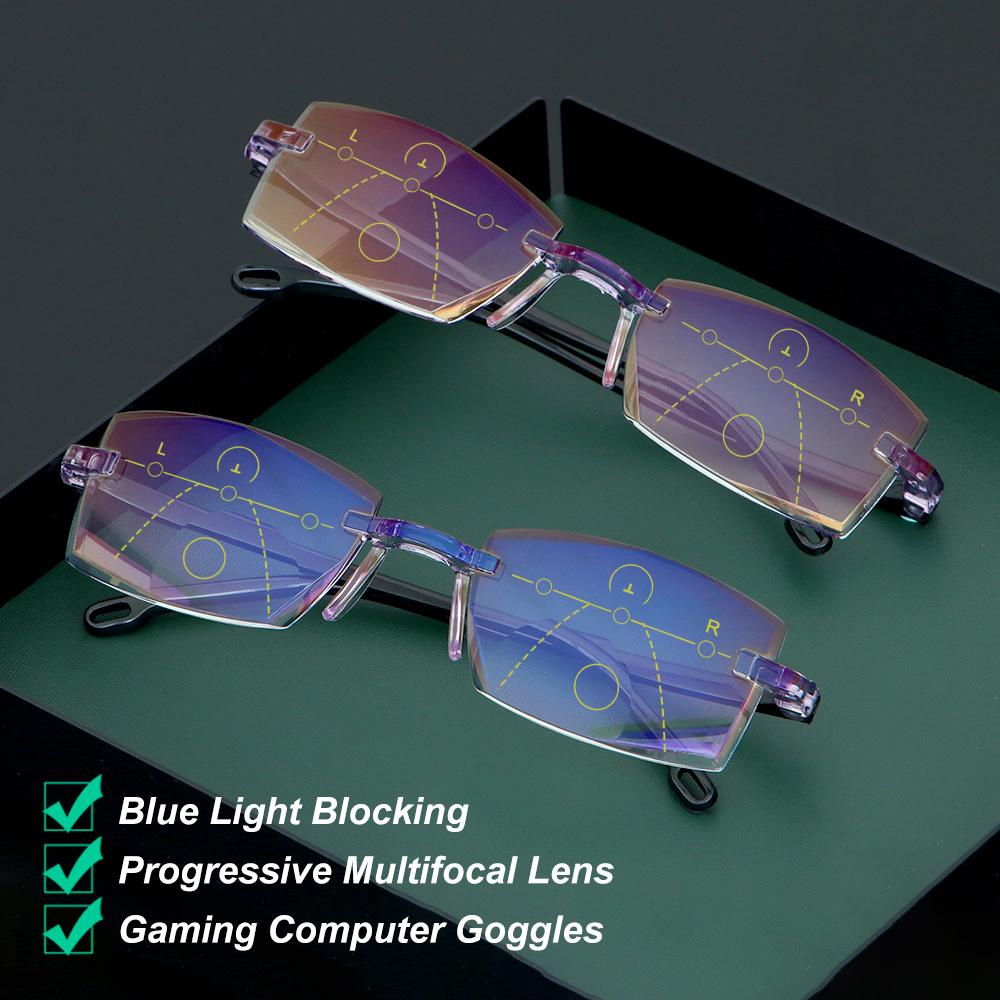 OKDEALS Fashion Progressive Multifocal Eyewear Diamond-cut Reading Glasses Computer Goggles Vision Care Rimless Ultralight Blue Light Blocking for Men Women Presbyopia Eyeglasses/Multicolor