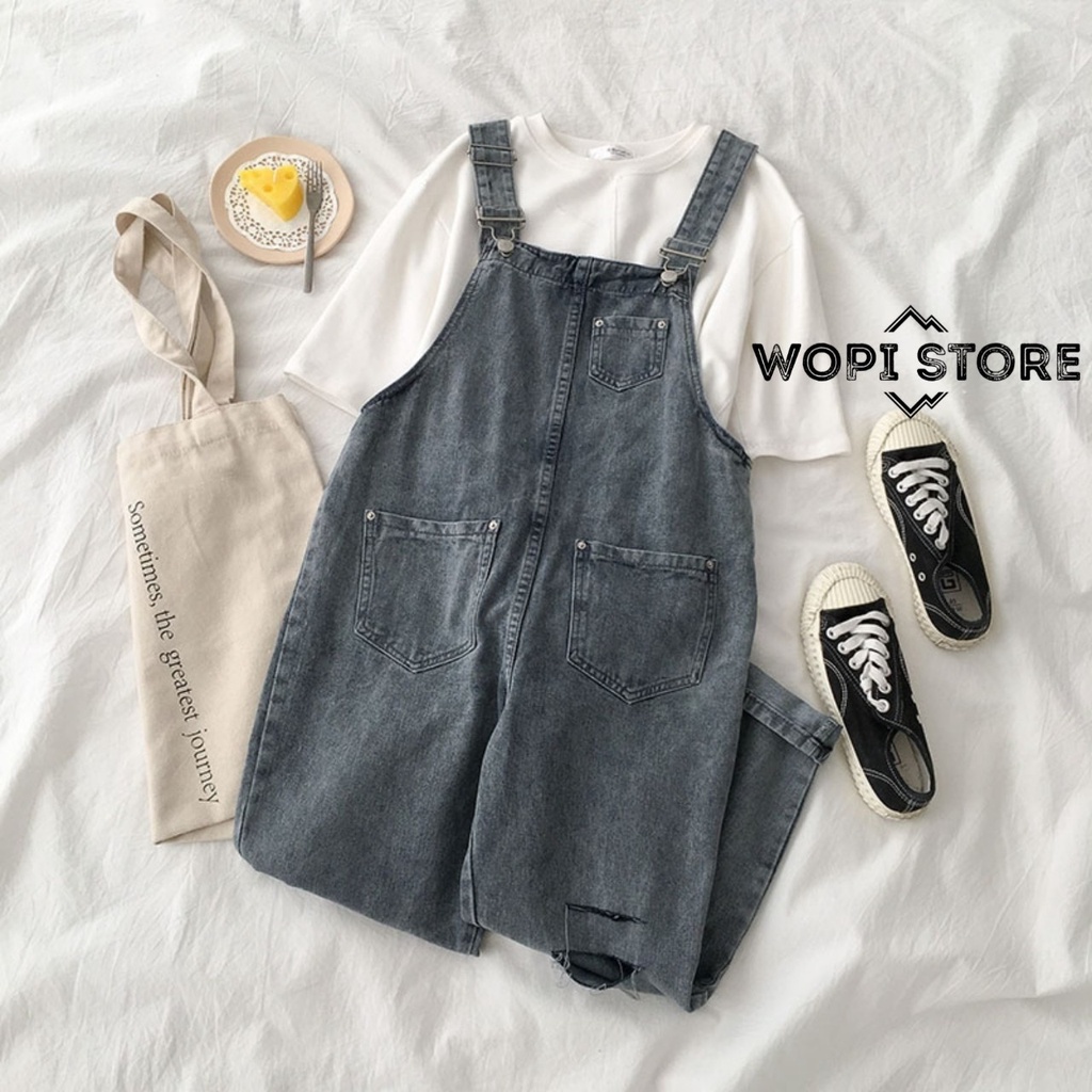 Set Yếm Jeans Vintage Phối Túi Trước mix Áo Thun Tay Lỡ Vải Lụa Mềm Ulzzang