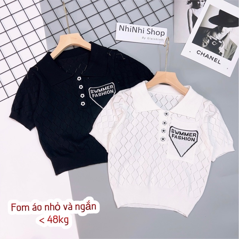 Áo len polo ô trám logo ngực, Áo kiểu len cổ bẻ mỏng ngắn tay AL7677 - NhiNhi Shop