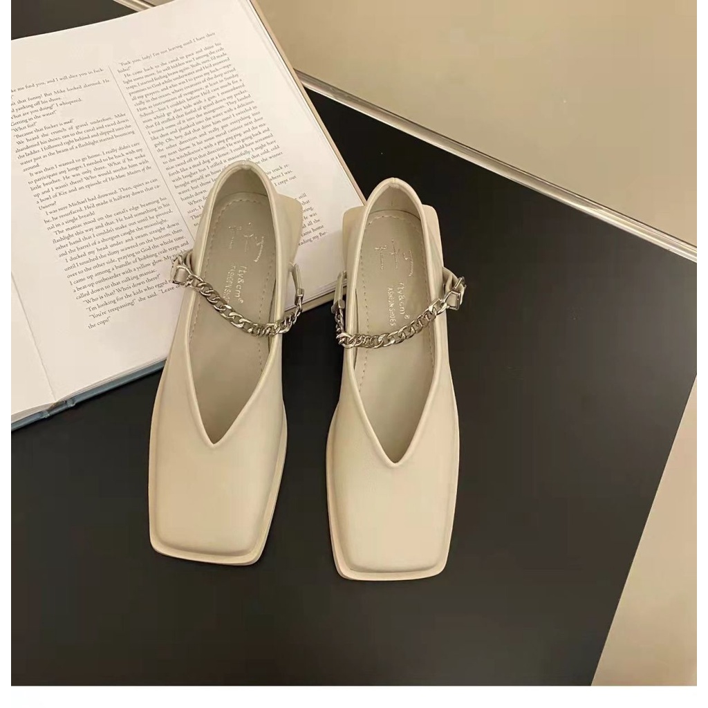 Giày Da Mũi Vuông Đế Bằng Phong Cách Pháp Cho Nữ