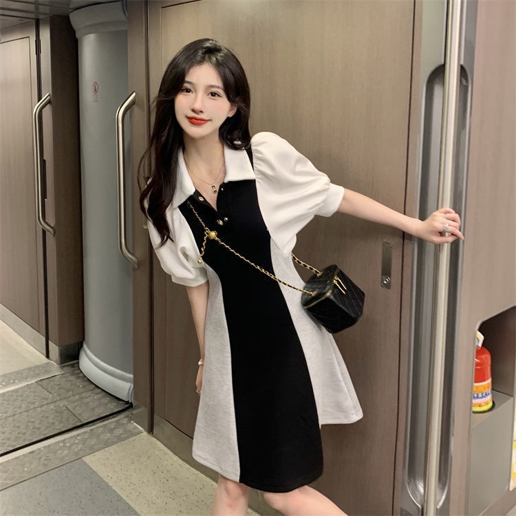 Đầm RENJIANVSHENG 175286 ngắn tay màu sắc tương phản thời trang trẻ trung