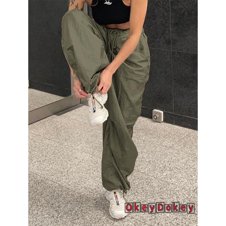 OKDK-Quần Jean Women´s Fashion Long Pants Elastic Waist Tie-Up Side Pockets Loose Fit Trousers