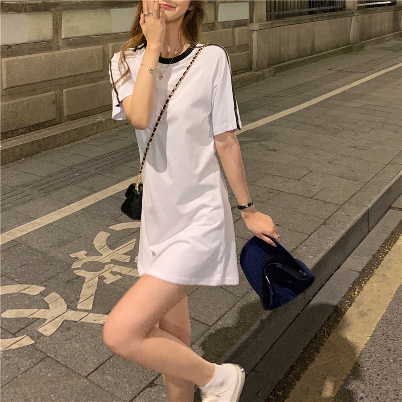 Đầm ngắn tay cổ tròn dáng rộng thời trang Hàn Quốc tùy chọn màu sắc