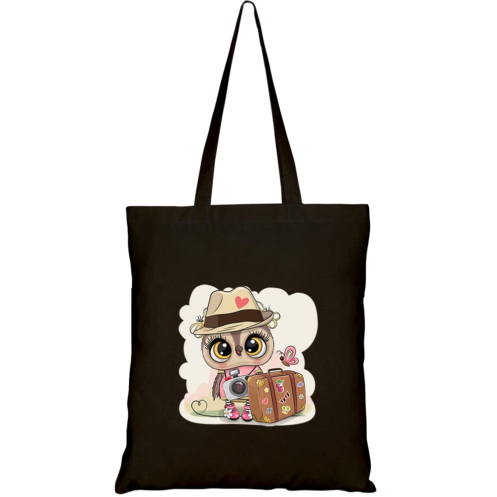 Túi vải tote canvas HTFashion in hình cute cartoon owl tourist hat HT384