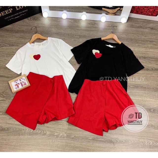 Sét áo Tim + quần giả váy vạt chéo