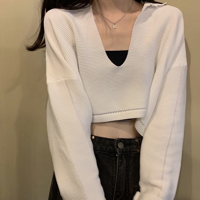 【ZHELIHANGFEI】Áo Dệt Kim Tay Dài Cổ POLO Eo Cao Hở Rốn