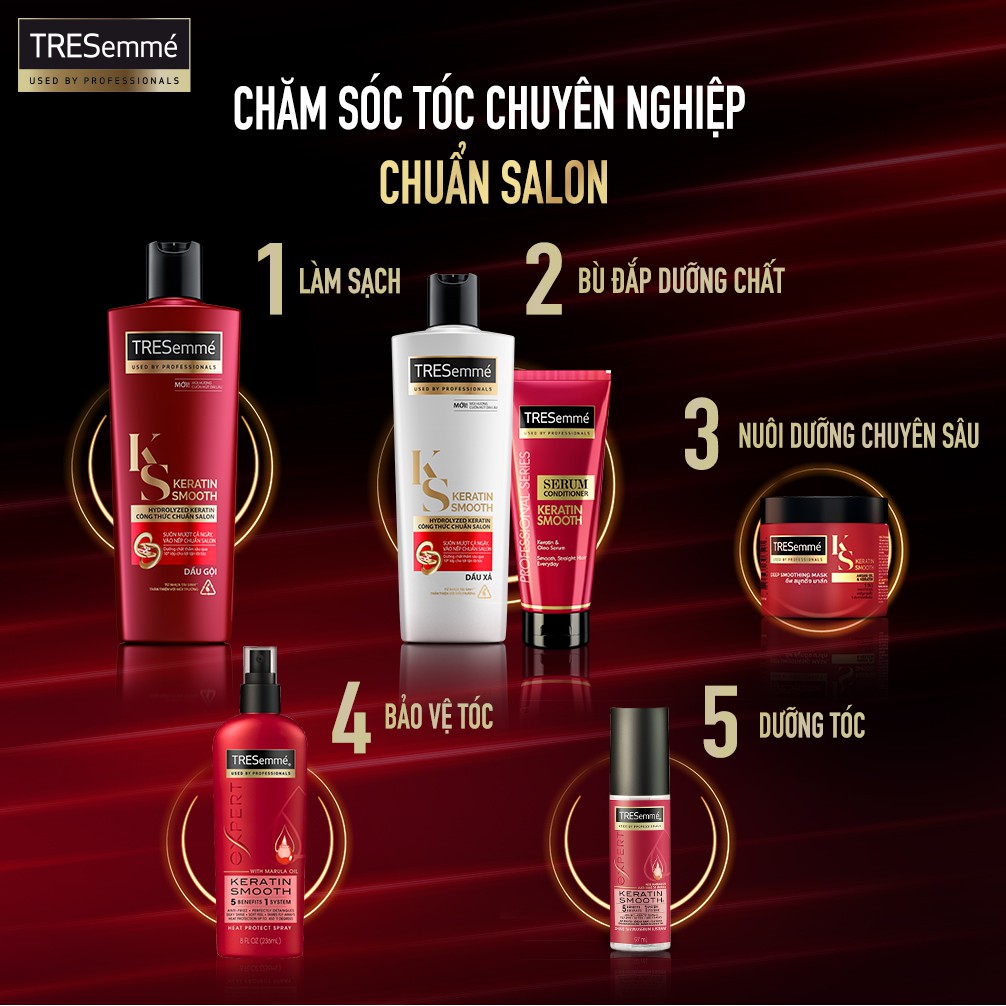 Combo Dầu Gội, Dầu Xả, Kem Ủ, Serum TRESEMME Keratin Smooth Cho tóc khô xơ rối Vào Nếp Suôn Mượt 640g, 620g, 180ml, 97ml