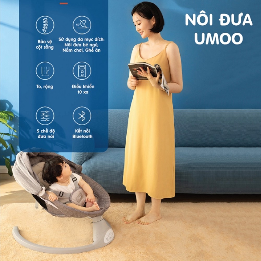 Nôi đưa điện Tự Động Umoo - 5 chế độ - Điều khiển từ xa Bluetooth 2021 - Nôi ru cho bé