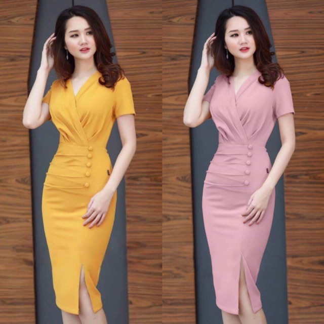 Đầm body công sở cổ đắp chéo nút bọc thanh lịch