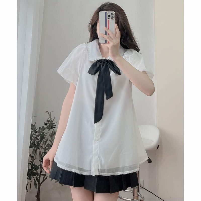 Áo babydoll voan tay bồng nơ đen, Sơ mi kiểu nữ tiểu thư cộc tay đẹp