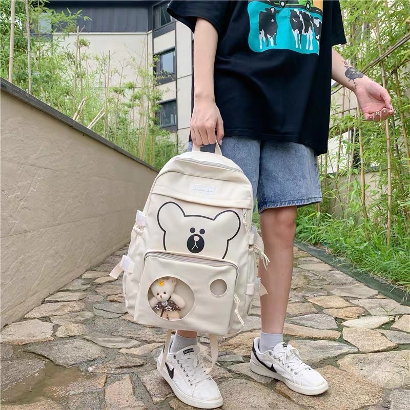 Balo Nam Nữ Ulzzang Basic phối gấu BURO Balo đi học Cấp 2 1 3 học sinh dễ thương BL80