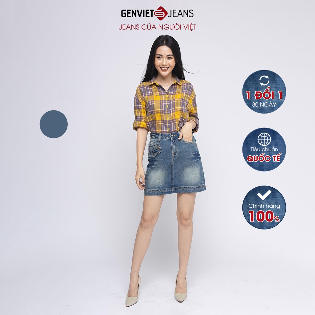 Chân Váy Jeans Nữ Phối Túi Bên GENVIET Phối Loang Chất Bò Mềm Cao Cấp XJ328J1238