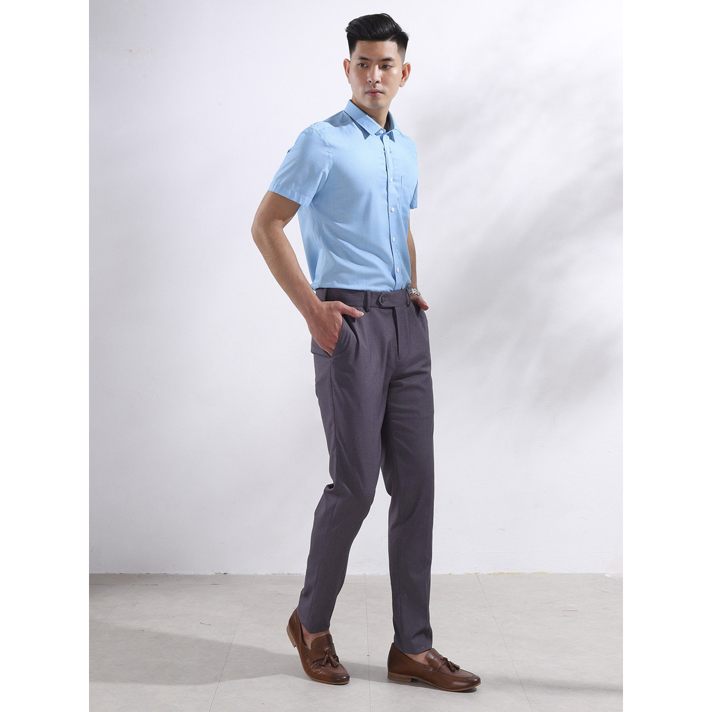 Áo Sơ Mi Nam Tay Ngắn Aristino ASS038S8 Màu Xanh Dệt Vuông Nhỏ Dáng Regular Fit Tà Bằng Vải Sợi Sồi