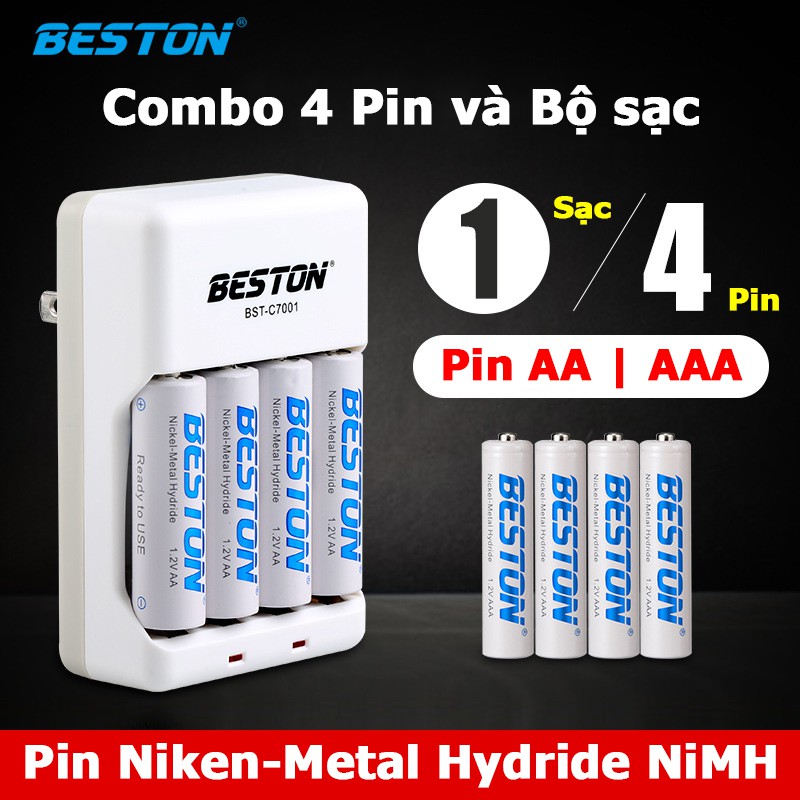 Combo 4 pin sạc Beston AA AAA pin NiMH kèm sạc pin mic không dây, điều khiển từ xa, đồ chơi trẻ em