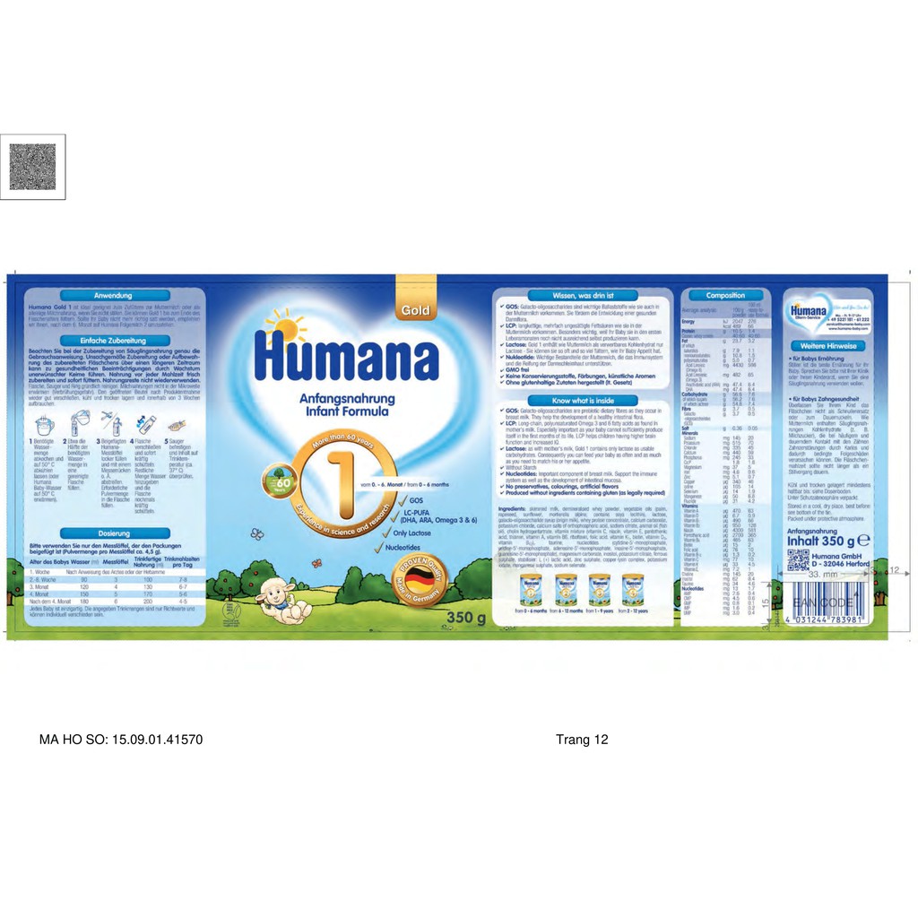 Sữa Humana Gold 1 - xuất xứ Đức- loại 800gr date  2022