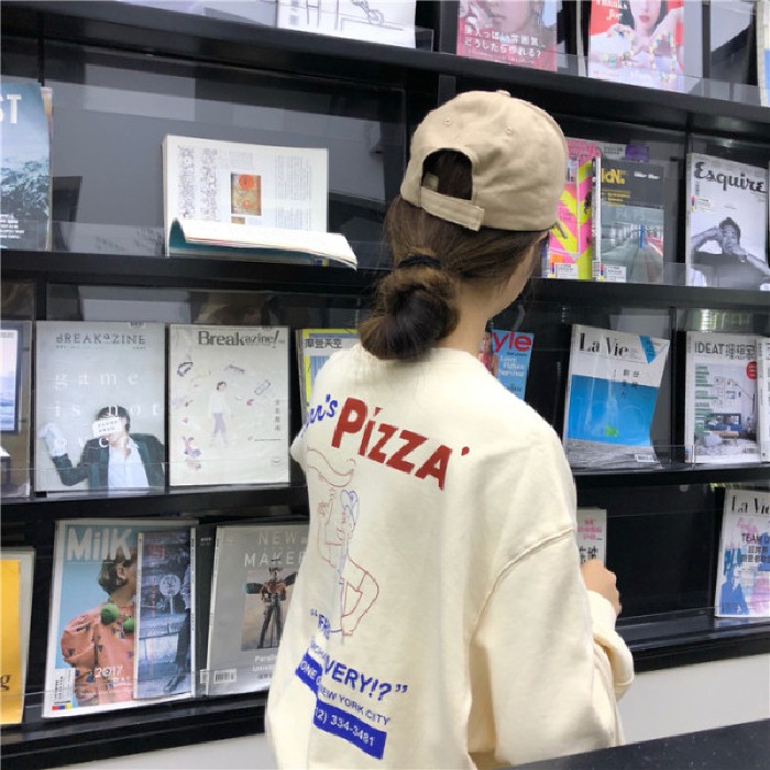 Áo chui đầu tay dài in chữ PIZZA phong cách Hàn quốc cho nữ