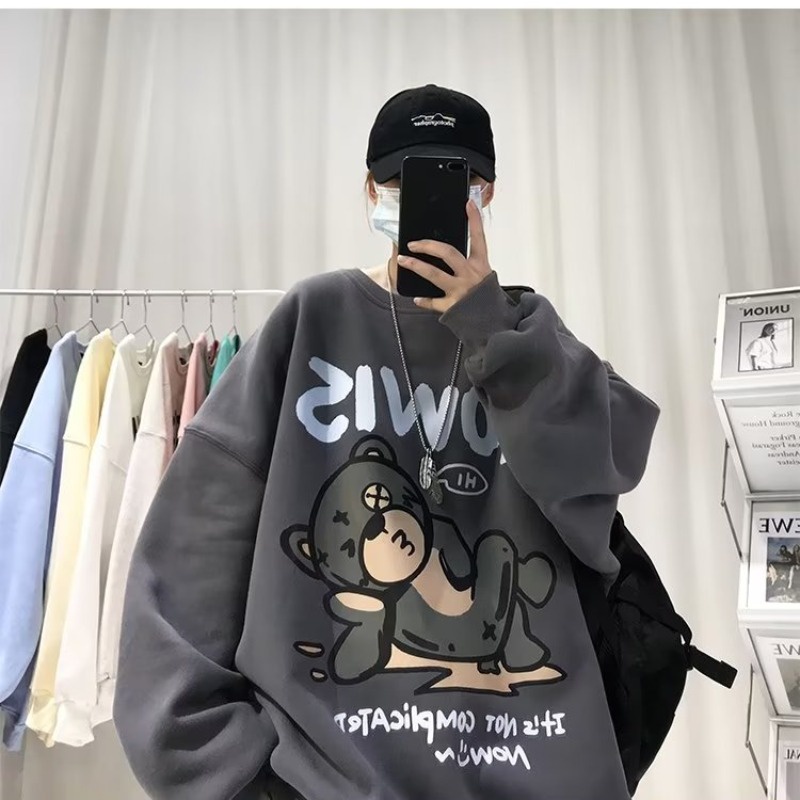 Áo Sweater Tay Dài Cổ Tròn Dáng Rộng In Hình Gấu Hoạt Hình Phong Cách Hip hop Thời Trang Cho Nam Giới Size M-5XL