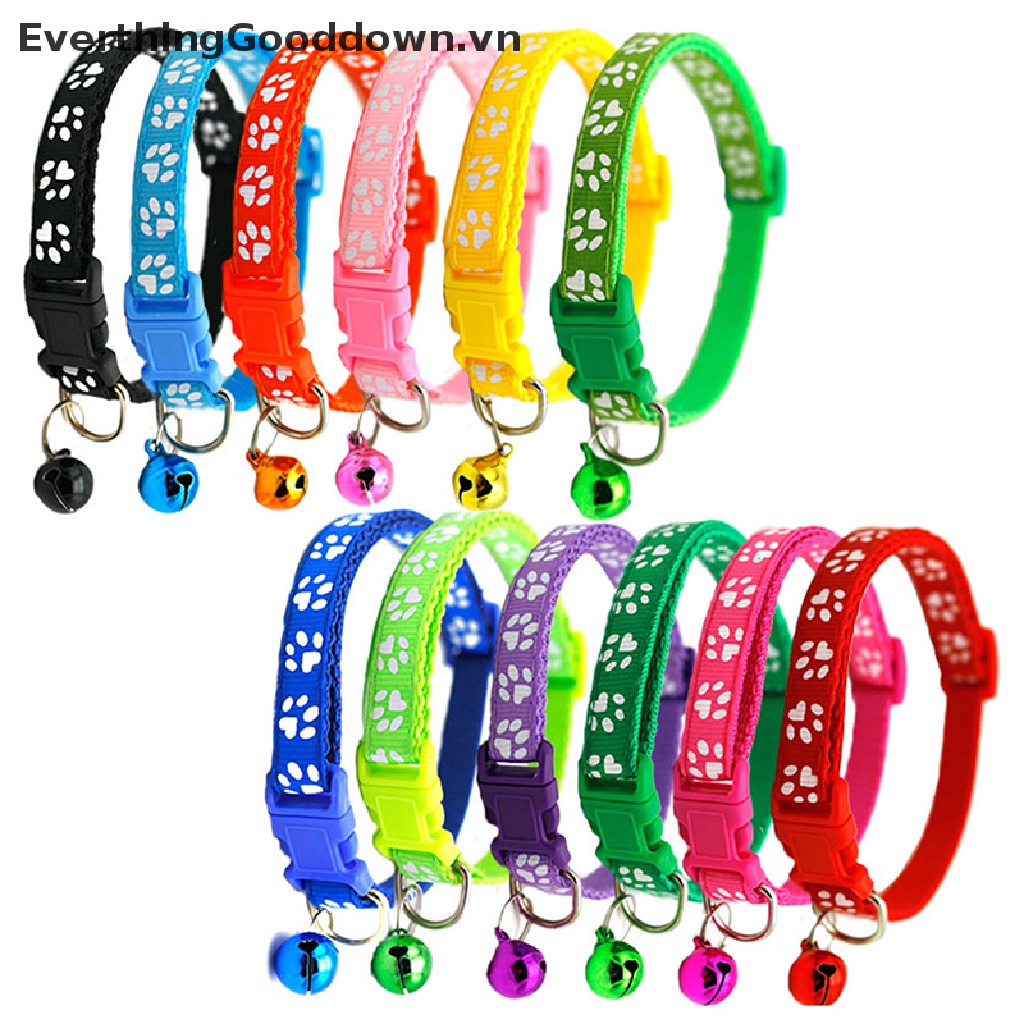 Everthinggooddown Vòng Cổ Gắn Chuông In Họa Tiết Dấu Chân Dễ Thương Có Thể Điều Chỉnh Cho Thú Cưng