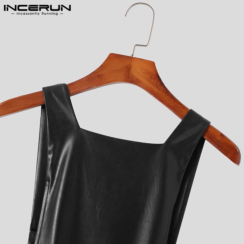 Áo liền quần INCERUN sát nách bằng da dáng rộng co giãn màu đen thời trang dành cho nam