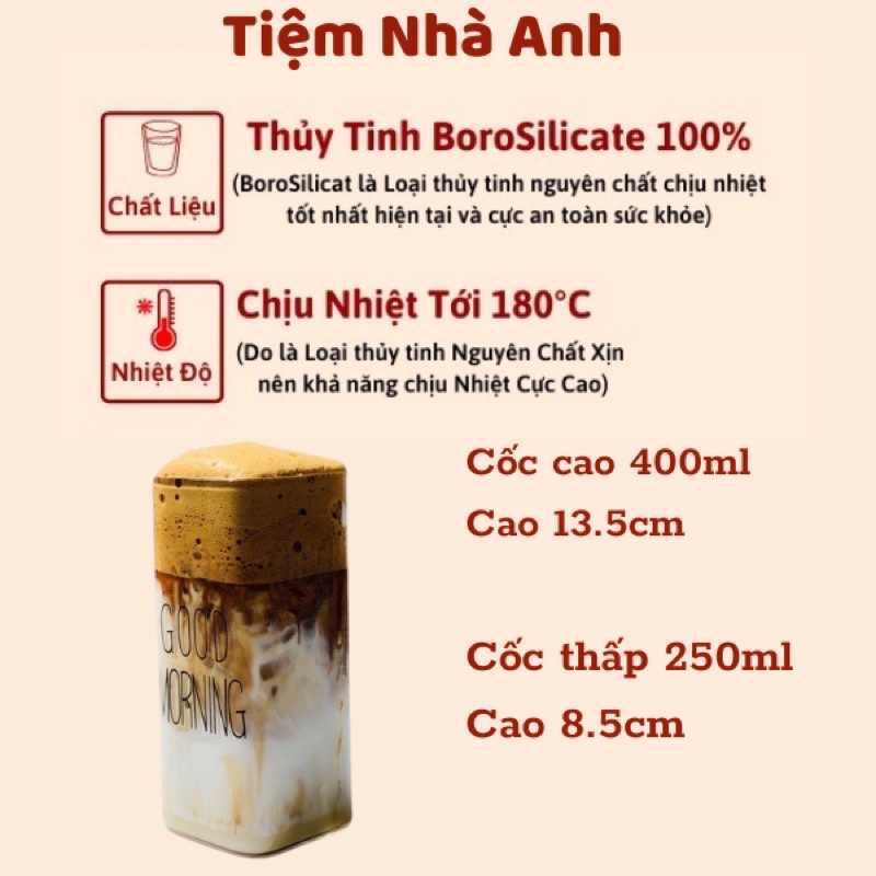 Ly Thủy Tinh Vuông, Cốc Thủy Tinh Vuông Chịu Nhiệt Uống Nước Pha Trà Ca Phê Decor  250ml 400ml