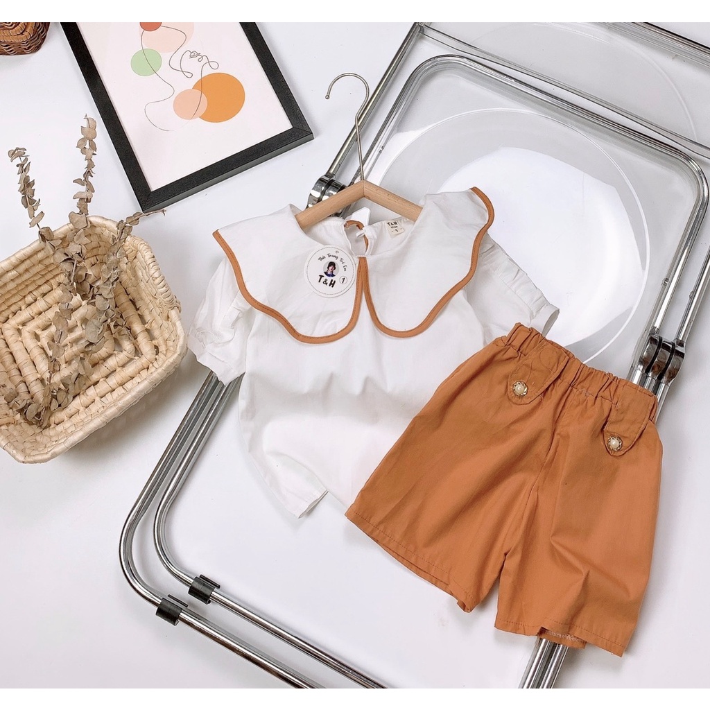 Set Bộ viền lượn bé gái Đồ bộ quần áo cho bé gái áo trắng quần short cam XHN1028
