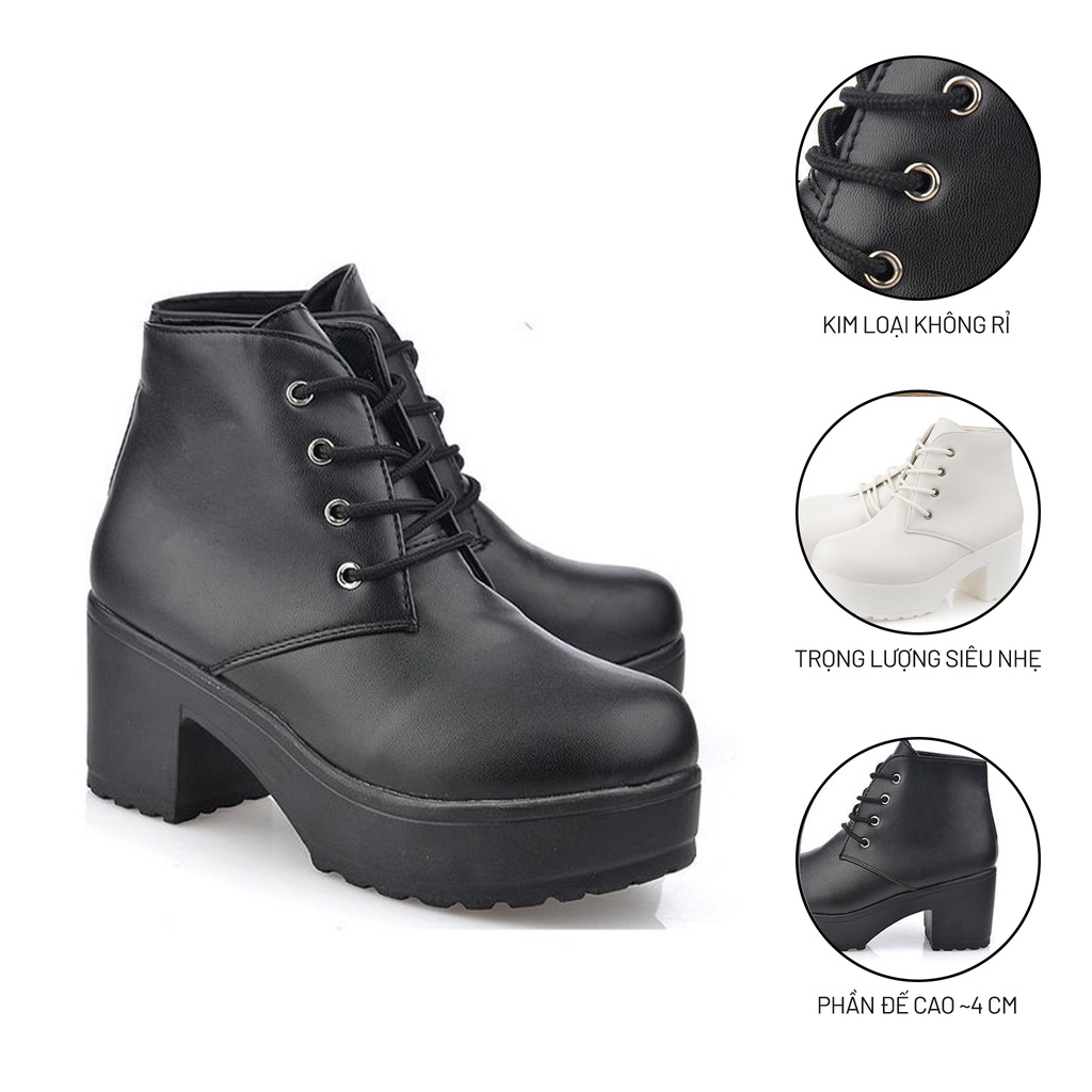 Giày Bốt Martin Nữ Ulzzang, Giày Da Cao Gót Cột Dây Đế Vuông 7cm Phong Cách Hàn Quốc, Vintage - Iclassy_shoes