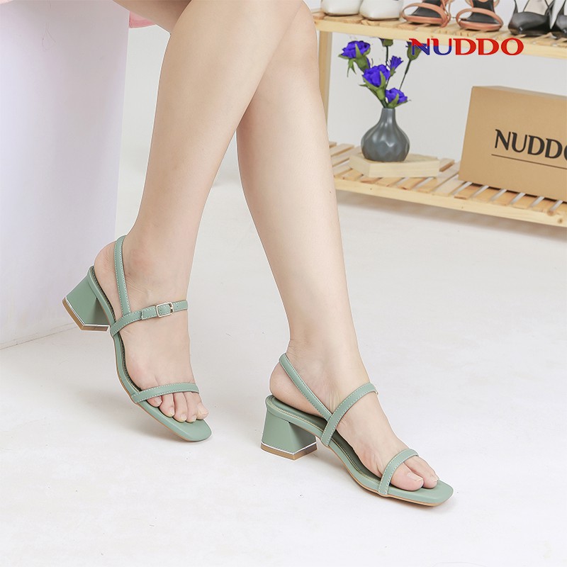 Giày sandal nữ cao gót 5p gót vuông mũi vuông quai ngang dây mảnh kiểu dáng thời trang Hàn Quốc đẹp cao cấp Nuddo NS504