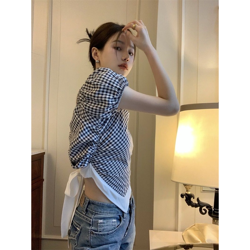 Áo Sơ Mi Tay Phồng Cổ Vuông Họa Tiết Kẻ Sọc Dễ Phối Đồ Thời Trang Mùa Hè Cho Nữ