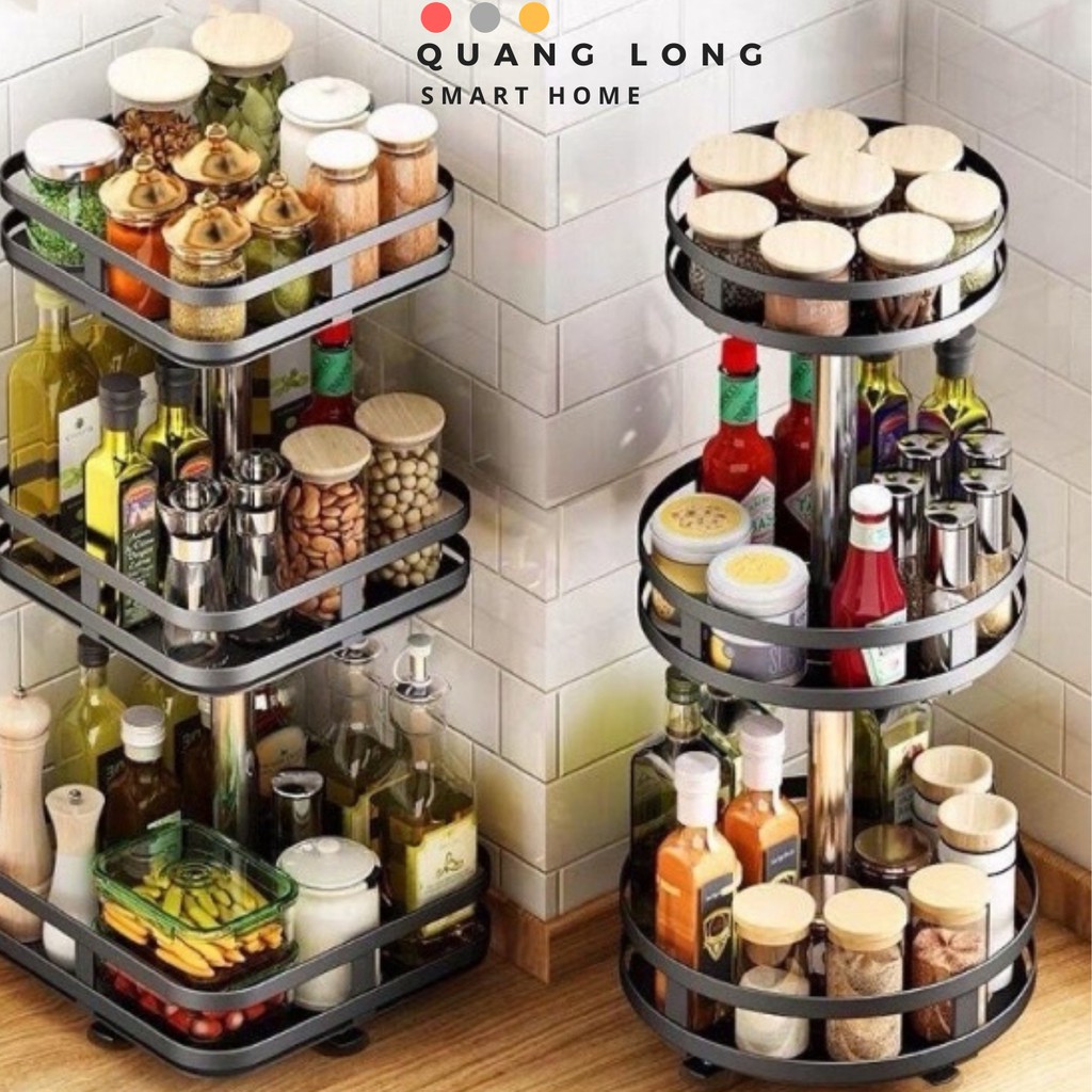 Kệ đựng gia vị xoay 360 độ 2 Tầng/3 Tầng kệ để đồ nhà bếp thông minh dáng vuông tròn_QUANGLONG.